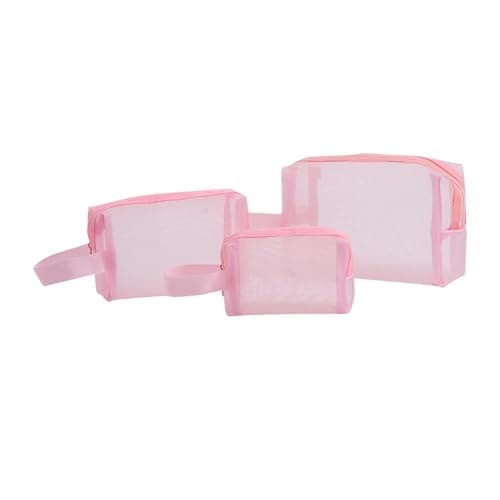 Mesh Makeup Bags With Zipper Portable Travel Accessories Set Of 3, pink