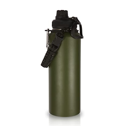 Volhoply 1200ml Insulated Water Bottles Paracord Handle, Stainless Steel Sports Bottle with Spout Lid, Reusable Double Walled Vacuum Metal Travel Cups with Wide Mouth for Adults (Army Green, 1 Set)