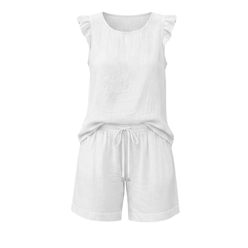 Festival Co Ord Linen Shorts Co Ord Sets for Women Summer 2 Piece Airport Travel Outfits Sleeveless Ruffle Vest Tops Bermuda Shorts Plus Size Loungewear Tracksuit Full Set Leisure Suits Streetwear — view 6