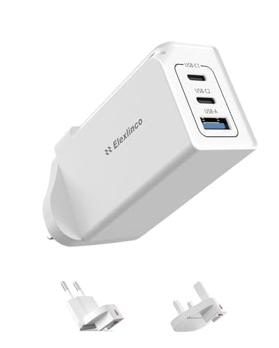65W USB C Plug, Elexlinco GaN II Fast Charger, 3-Port USB C Charger Plug with UK, US, EU Travel Adapter, Compatible with MacBook Pro/Air, HP Laptops, iPad, iPhone 15/Pro/Max, Galaxy S24/S23 and More