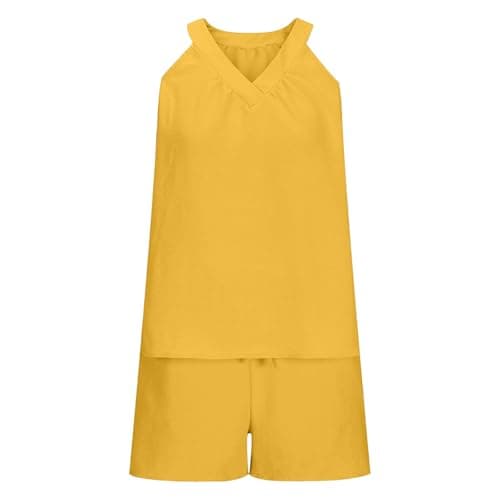 Two Piece Outfits Women Summer Lounge Wear Sets Ladies Linen Sleeveless Vest Tops and Shorts Loose Fitting Co Ords Lightweight Comfortable Short Tracksuits Full Set 2 Piece Travel Outfits Pj Sets — view 4
