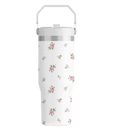 FOLAI Leakproof Flip Water Tumbler,30oz Stainless Steel Hot and Cold Water Bottle with Ergonomic Handle and Straw Keeps Cold For 12+ Hours,Ideal for Gym,Car,Beach-Easy to Carry Travel Mug(Floral)