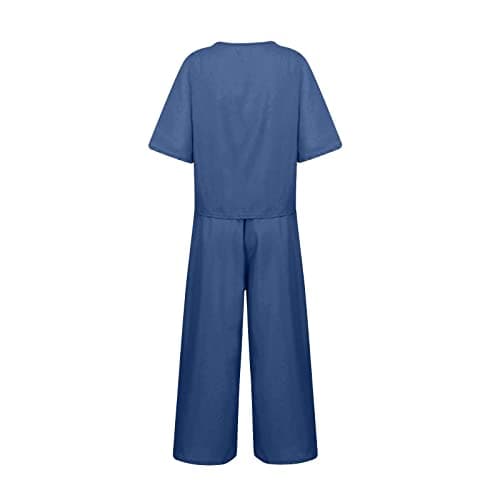 Nuaoxyeu holiday co ord sets for women Co Ords Sets for Women Uk Cotton Linen Two Piece Outfits Trousers and Shirt Set Summer Breathable Travel Outfit Baggy Twin-Sets Cozy Gym Navy, XL — view 3