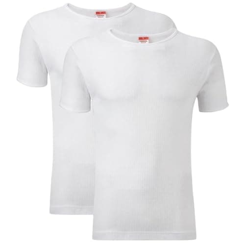 Crazy Fashion Pack of 2 Thermal Tops Men’s - Short Sleeve Plain Round Neck Mens Top Warm T-Shirt Underwear Baselayer Cotton Thermals (White, Small)