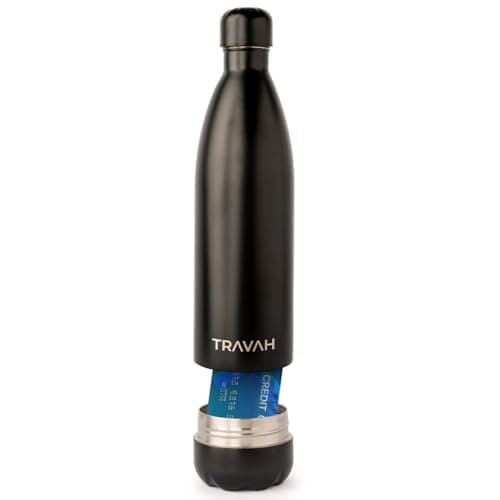 Travah Travel Water Bottle Stainless Steel with Storage for Cash, Keys, Valuables Insulated Bottle for Men and Women Hot and Cold Water Bottle Leak-Proof (Matte Black)