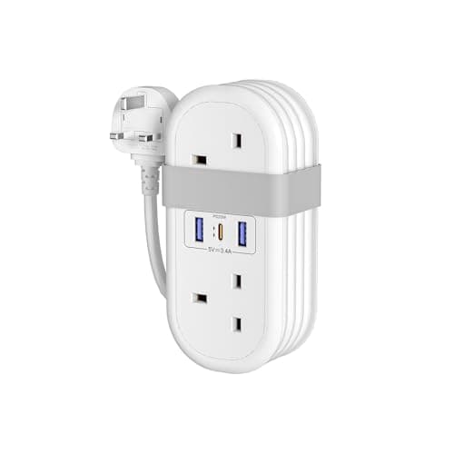 HITRENDS Travel Extension Lead with USB Slots, PD 20W USB C Fast Charger, 2 Plug Power Strip with 3 USB Ports (13A 3250W), Rollable Extension Cord 1.4M for Travel Office Home Camping