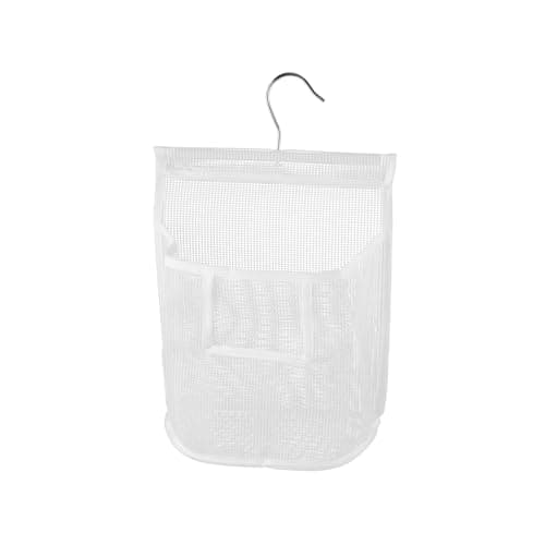 Bojueshaw Hanging Mesh Shower Bag with Hook,Reusable Laundry Clothespin Holder,Peg Basket for Washing Line,Bathroom & Travel(White)