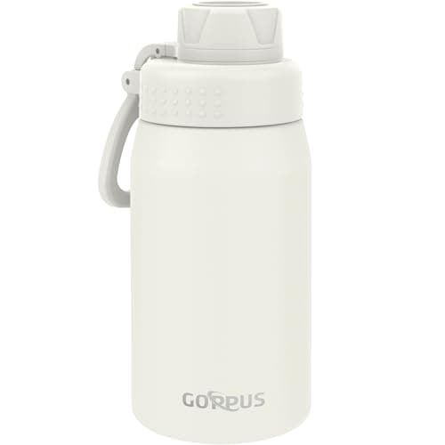 GOPPUS 420ml/15oz Kids Insulated Water Bottle with Screw Lid (No Straw) Stainless Steel Toddler Bottle School Flask Girls Boys Drinks Cup with Handle & Leakproof & Keep Drinks Cold (Beige)