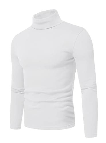 QIXING Men's Thermal Tops Long Sleeve Roll Neck Shirts Cotton Base Layer Thermal Underwear Tops (White, S)