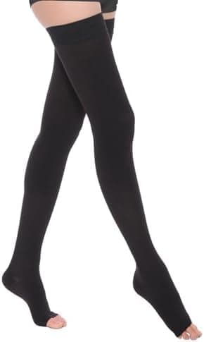 AOGOE Medical Open Toe Thigh High Compression Socks for Women & Men, 23-32 mmHg Open Toe Support Stockings with Anti-Slip Silicone Band, Graduated Compression Socks for Varicose Veins, Edema, Flight