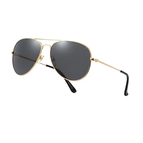 Komonee Pilot Style Designer Sunglasses - Gold Frame Black Lens Classic Retro Shades, Unisex Men & Women UV400 Protection Glasses, Great for Cycling Golf Fishing Sports & Holidays