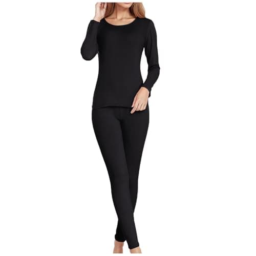 Women's Thermal Sets Crew Neck Top & Bottom Ultra Thin Underwear Black XL