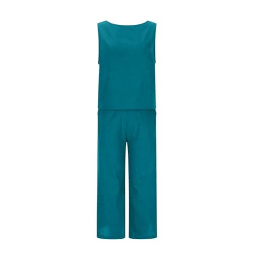 NSICBMNO Blue Co Ord Sets For Women 2 Piece Linen Travel Outfit Cropped Tank Tops Y2K Wide Leg Trousers Summer Outfits Lounge Sets Sleeveless Crop Tops Palazzo Pants Casual Tracksuits With Pockets — view 4