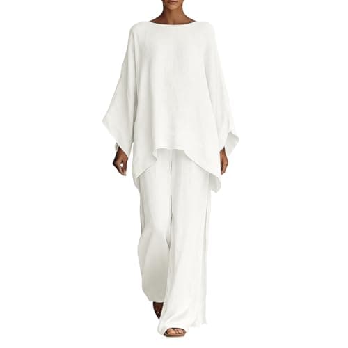 Lounge Wear Set Women Casual Linen Tracksuits 2 Piece Outfits Loose Summer Co Ord Set Ladies Long Sleeve Tunic Tops Pullover Elastic Waist Wide Leg Trousers Holiday Beach Travel Wedding Party Uk S-2XL