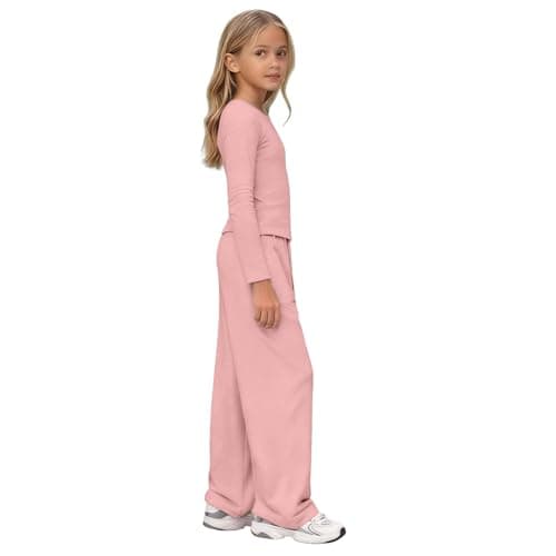 2 Piece Sweatsuit Set for Girls Trendy Travel Outfits Cute Gym Workout Causal Long Sleeve Trousers Set Comfy Vacation Outfit Fashion Solid Soft Cozy Comfort Yoga Clothes (Rose Gold, 8-9 Years) — view 6