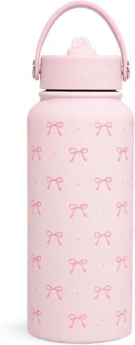 Pink Bow Water Bottle 1L (32oz) Insulated Water Bottle Stainless Steel Pink Girls Water Bottle with Straw for Women Girls, Birthday and Back to School Gift