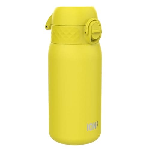 ION8 Lightweight Steel Kids Water Bottle, 400ml/13oz, Non-Insulated, Leak Proof, Easy to Open, Secure Lock, Dishwasher Safe, Fits Cup Holders, Carry Handle, Metal Water Bottle, Yellow