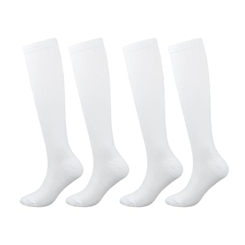 Compression Socks for Women & Men Travel Flight Compression Stocking Breathable Knee High Support Varicose Veins Socks for Athletic Running Maternity Pregnancy Nurses (White+White, S/M)