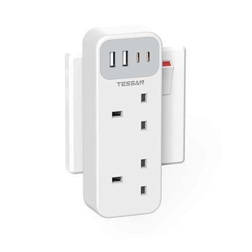 TESSAN Double Plug Adapter UK with 2 USB C, Multi Plug Extension Socket