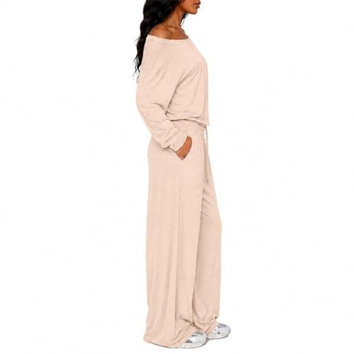 Womens Travel Outfits Beige Two Piece with Wide Leg Trousers — view 4