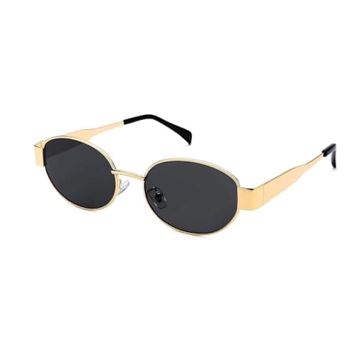 Oval Sunglasses Womens,Retro Black Gold 90s Sunglasses Men UV400 Protection