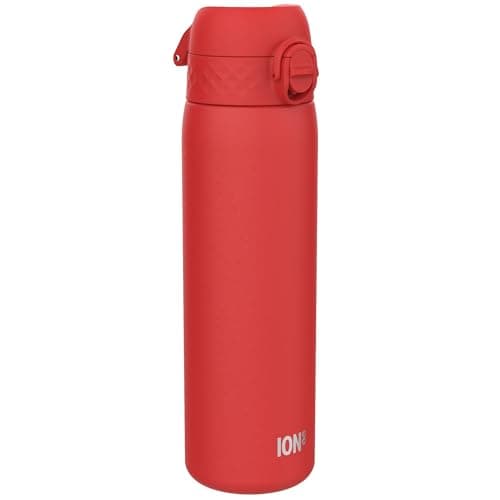 Ion8 Lightweight Steel Water Bottle, 600 ml/20 oz, Non-Insulated, Leak Proof, Easy to Open, Secure Lock, Dishwasher Safe, Flip Cover, Fits Cup Holders, Carry Handle, Metal Water Bottle, Red