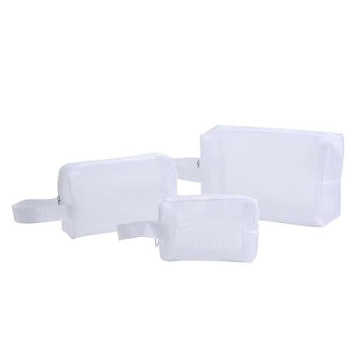 Mesh Makeup Bag With Zipper Convenient Portable Set Of 3 Pieces, White — view 6