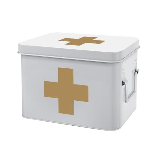 Flexzion Metal First Aid Box Empty, 8.5 Inch White Vintage First Aid Storage Box, First Aid Tin Container with Dividers, Removable Tray, Side Handles and Gold Cross Logo