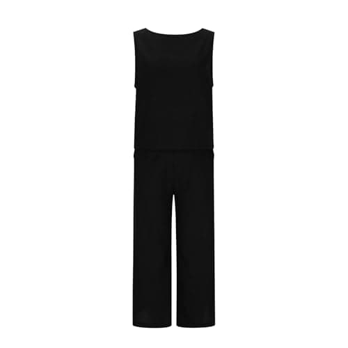 NSICBMNO Black Co Ord Sets For Women 2 Piece Linen Travel Outfit Cropped Tank Tops Y2K Wide Leg Trousers Summer Outfits Lounge Sets Sleeveless Crop Tops Palazzo Pants Casual Tracksuits With Pockets — view 4