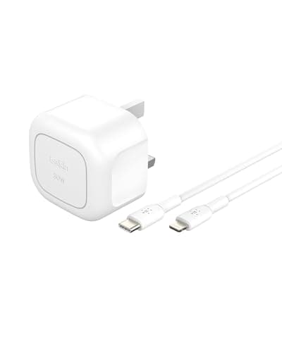 Belkin BoostCharge Compact Wall Charger 30W, Travel-friendly USB-C Power Delivery Fast Charging for Apple iPhone, iPad, AirPods, Tablet & More with USB-C to Lightning Cable - White