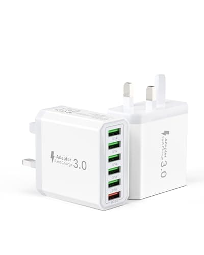 Tupneuf 2 Pack USB Plug UK, 33W 6 Port Multi Plug Multiport Charger Head with QC 3.0 Fast Charging, USB Wall Power Adapter for iPhone 16 15 14 13 12 11 10 8 7 Pro Max Plus, Samsung
