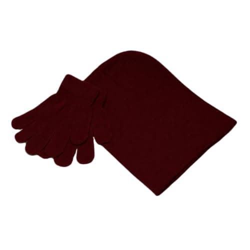 WESTEND CHOICE Kids Hat and Gloves set Unisex Boys Girls Winter Warm Magic Gloves Knitted Beanie Hat School Age 3-7 (Burgundy)