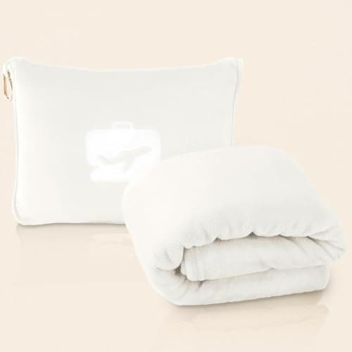 EverSnug Travel Blanket & Pillow 65x40 - Premium Ultra-Soft Microfleece 2 in 1 Compact & Packable Flight Blanket with Soft Bag Pillowcase, Hand Luggage Sleeve and Backpack Clip (Off-White)