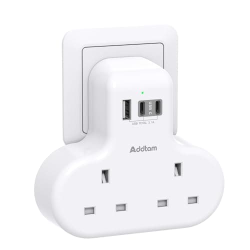 Addtam Double Plug Extension with 3 USB (2 USB-C), 2 Way Multi Plug Adaptor
