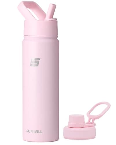 SUNWILL Metal Water Bottle with Straw Stainless Steel, 650ml Insulated Leakproof Thermal Flask with 2 Lids for Cold and Hot Drink, Running, Sports, Gym, Travel, Sakura