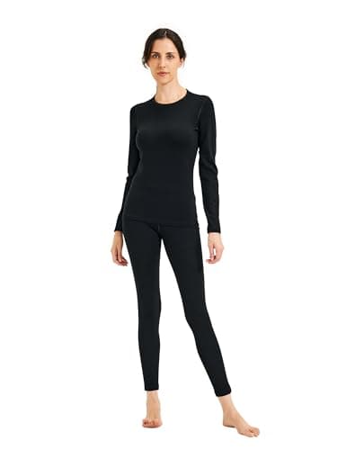 ZSOSBA METARINO Women 100% Merino Wool Base Layer Set Thermal Underwear Casual Top,Bottom for Hiking Travel Skiing, Black, XL