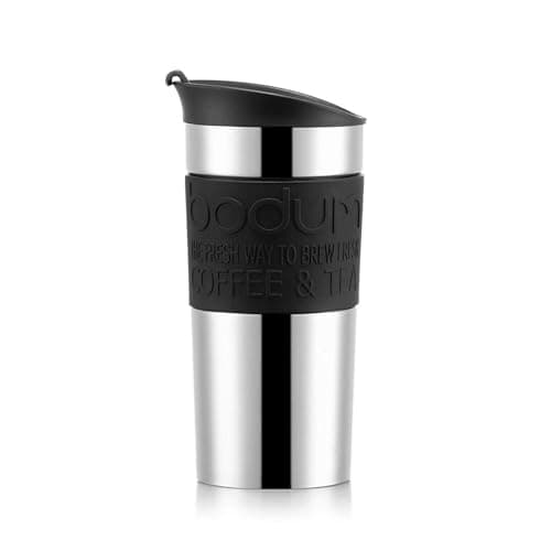 Bodum Travel Mug Vacuum Insulated Travel Cup, 350ml / 12oz Double-Wall Stainless-Steel Coffee Mug with Flip-Top Lid and Non-Slip Silicone Grip, Black, 11068-01