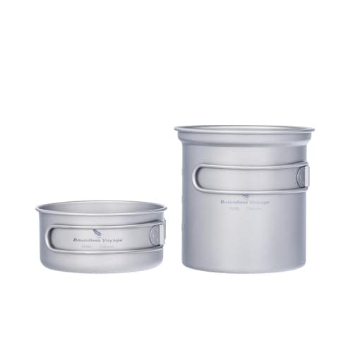 iBasingo Titanium Camping Cookset 750ml + 300ml Pot Pan Set with Folding Handle Lightweight Outdoor Cooking Mess Kit for Backpacking, Hiking & Travel Portable Compact Cookware Ti2037C