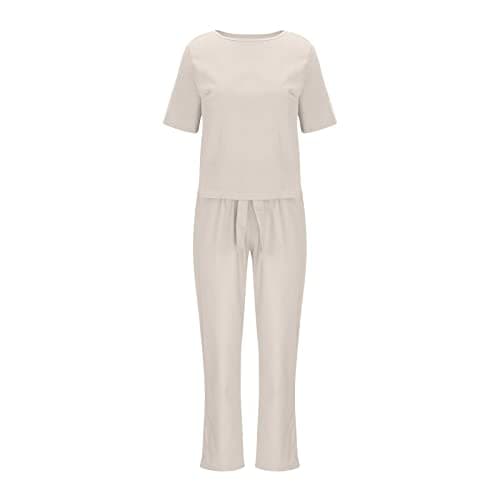 Two Piece Outfits Women Summer Tracksuits Linen Lounge Wear Sets Ladies Co Ords Round Neck Short Sleeve Tops and Trousers 2 Piece Jogger Outfit Casual Suit Vacation Travel Outfits Holiday Clothes — view 3