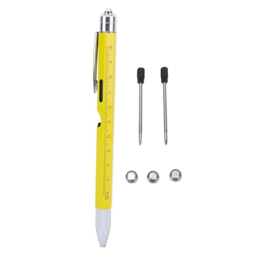 Keenso Multitool Pen, Iron 9 in 1 Multitool Pen with LED Light Screwdrivers Level Ruler Bottle Opener Stylus, Built in LR41 Batteries, for Men Dad Home Office Travel (Yellow) — view 6