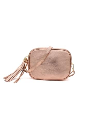 Kitise Italian Genuine Real Leather Crossbody Bag with Zip Top Closure Shoulder Strap and Tassel Charm Compact Everyday Camera HandBag (Rose Gold)