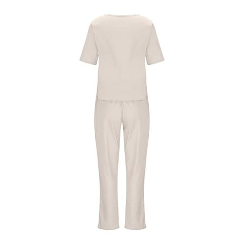 Two Piece Outfits Women Summer Tracksuits Linen Lounge Wear Sets Ladies Co Ords Round Neck Short Sleeve Tops and Trousers 2 Piece Jogger Outfit Casual Suit Vacation Travel Outfits Holiday Clothes — view 5
