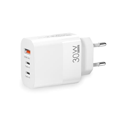EU plug travel adapter charger, European wall adapter with 2 USB-C fast charging ports and 1 USB-A port, European universal fast charger compatible with iPhone and Samsung