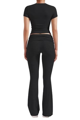 YETOWA Women's Yoga 2 Piece Outfits: Slim Short Sleeve Tops & Low Rise Flare Leggings Sets Versatile Fitness Sweatsuit, Black Short-sleeved Set, S — view 2