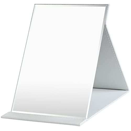 OSDUE Folding Tabletop Mirror, 21.5 * 15.5cm White PU Leather Portable Travel and Desktop Vanity Mirror with Stand for Office Desk, Vanity Table, Camping