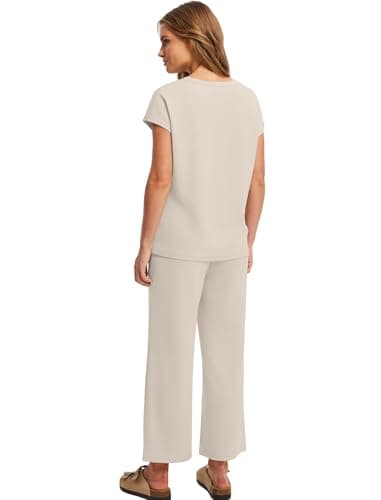 Saloogoe Women Two Piece Set Summer Outfits Lounge Sets V Neck Tops Wide Leg Pants Women Holiday Travel Outfits, beige, M — view 5