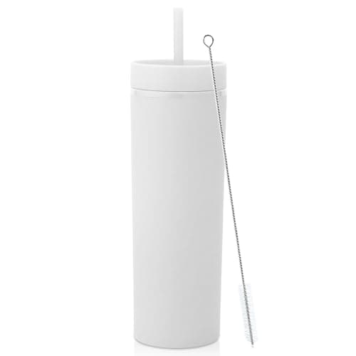 Volhoply 550ML Plastic Skinny Tumbler,Double Wall Tumblers with Lid and Straw,Reusable Iced Coffee Mug,BPA Free Matte Acrylic Water Cups with Straw for Parties,DIY Gifts(White,1 Set)