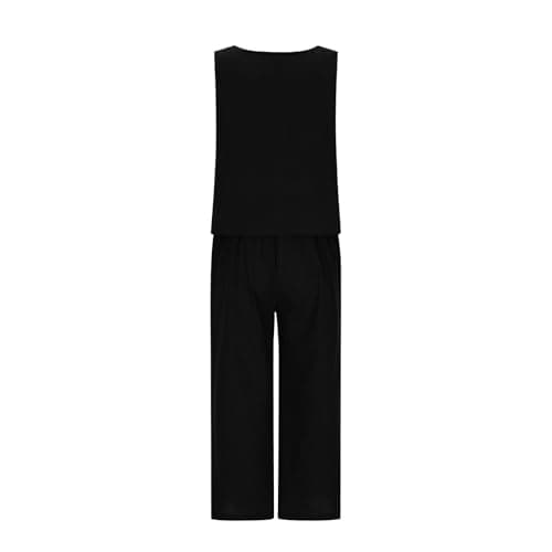 NSICBMNO Black Co Ord Sets For Women 2 Piece Linen Travel Outfit Cropped Tank Tops Y2K Wide Leg Trousers Summer Outfits Lounge Sets Sleeveless Crop Tops Palazzo Pants Casual Tracksuits With Pockets — view 5