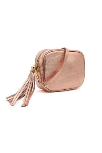 Kitise Italian Genuine Real Leather Crossbody Bag with Zip Top Closure Shoulder Strap and Tassel Charm Compact Everyday Camera HandBag (Rose Gold) — view 4