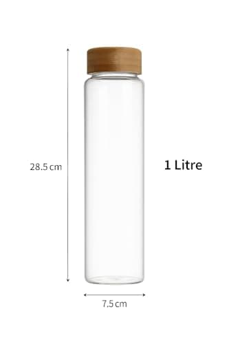 Borosilicate Glass Drinking Bottle, 1L Capacity with leak resistant Bamboo Lid, elegant, transparent, for Water, Beverages and Infused Drinks Storage. — view 2